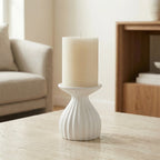 Ribbed Contour 5 Inch Tall Ceramic Dual Taper / Pillar Candle Holder - White