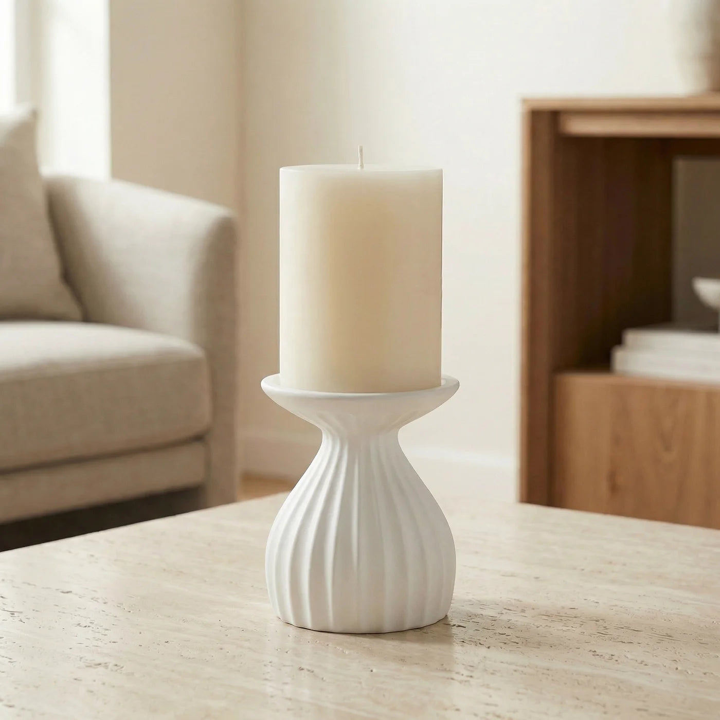 Ribbed Contour 5 Inch Tall Ceramic Dual Taper / Pillar Candle Holder - White