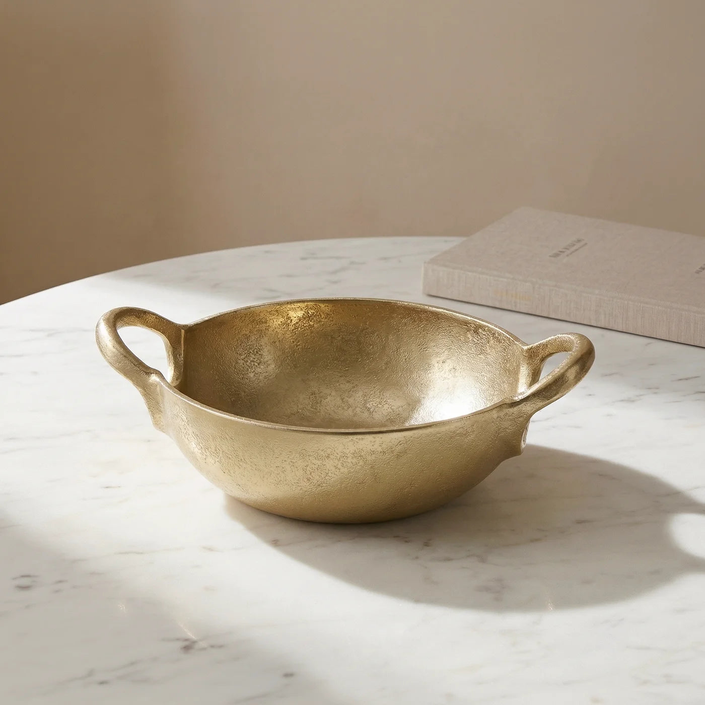 Corfu 7.5 Inch Length Gold Nickel Plated Aluminum Round Decor Bowl With Handles