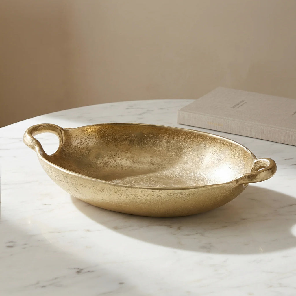 Corfu 15.5 Inch Length Gold Nickel Plated Aluminum Oval Decor Bowl With Handles