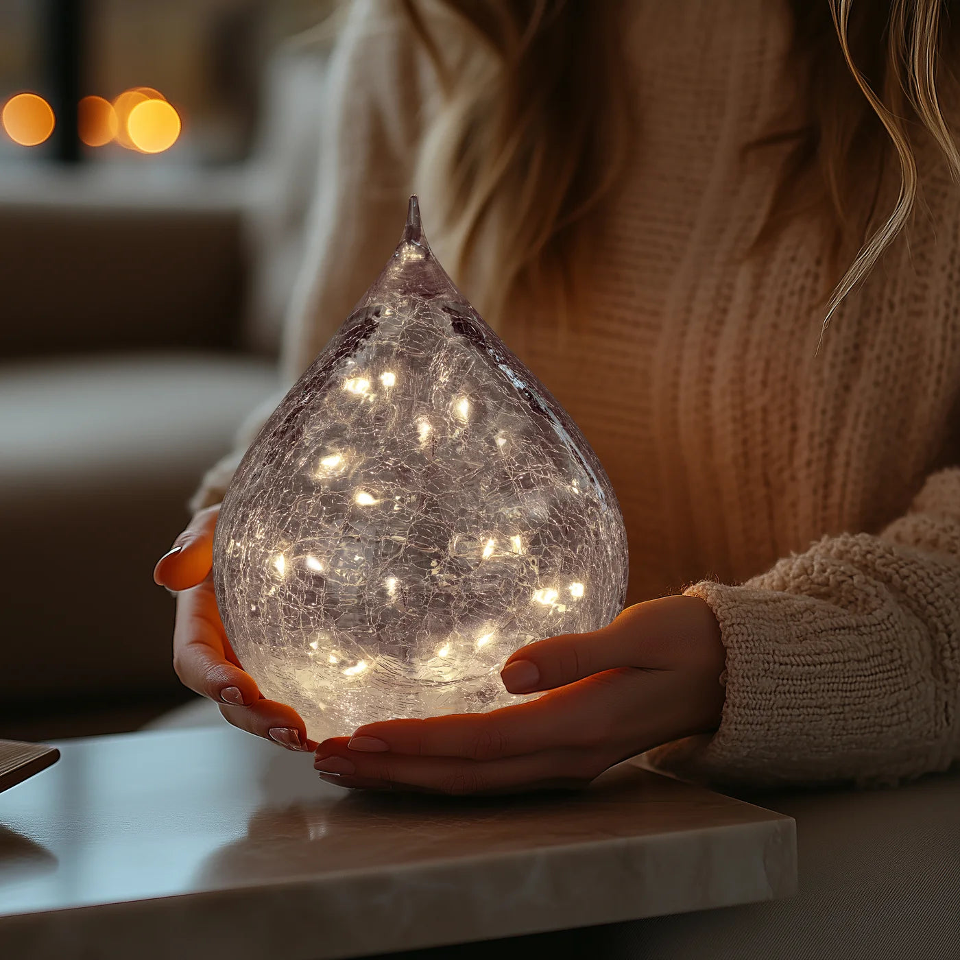 Teardrop Crackle Glass 6 Inch LED Decor Light with Timer - Clear