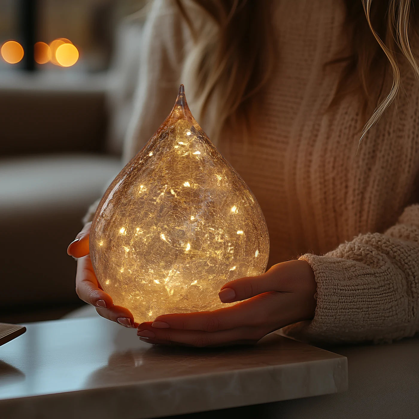 Teardrop Crackle Glass 6 Inch LED Decor Light with Timer - Amber