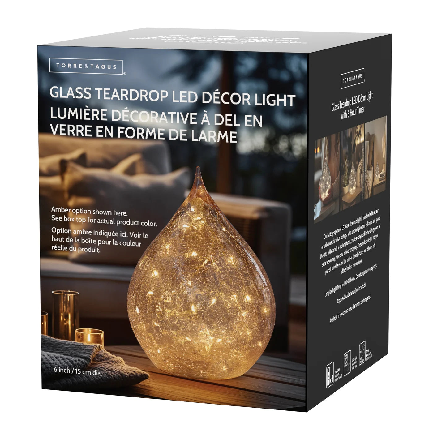 Teardrop Crackle Glass 6 Inch LED Decor Light with Timer - Amber
