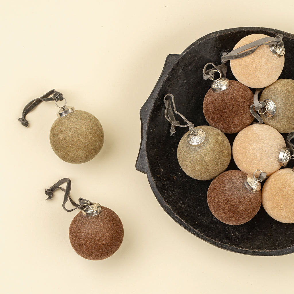 3" Velvet Holiday Baubles S/9, Olive/Gold/Brown