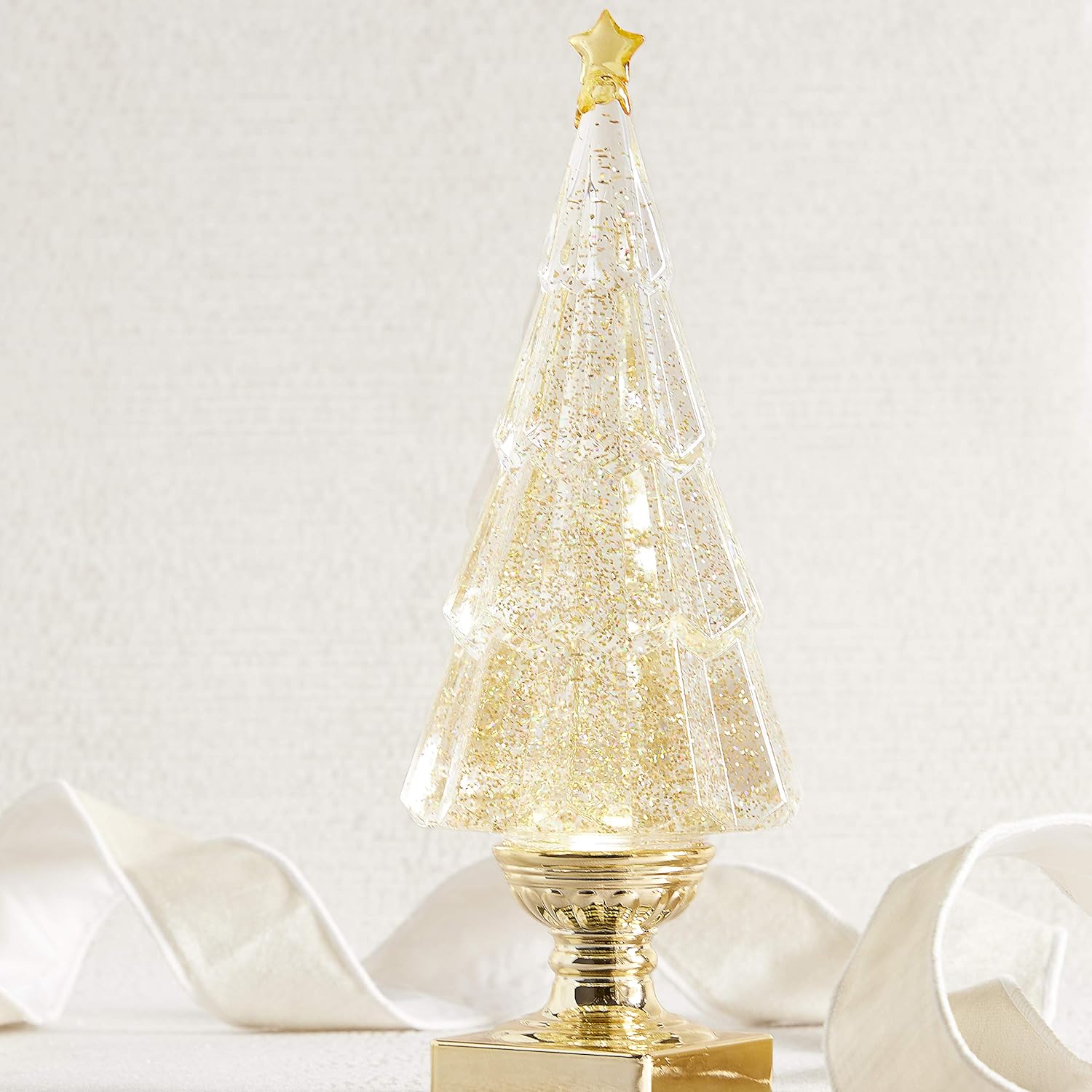 14" Lighted LED Tree with Gold Glitter