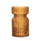 Amber Glass Ribbed Vase 7.5"H