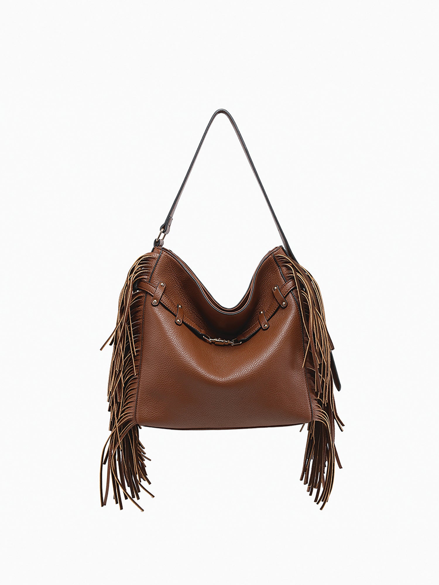 Eva Side Fringe Satchel with Decorative Closure in Brown