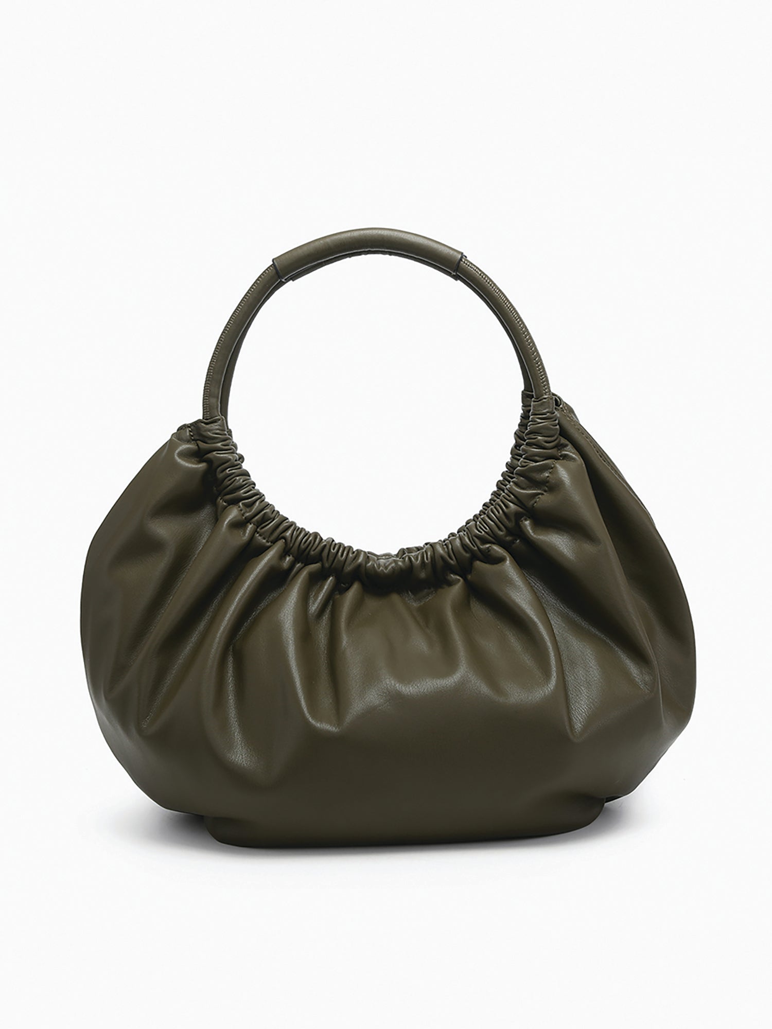 Lena Ruched Shoulder Bag w/ Round Handle in Olive