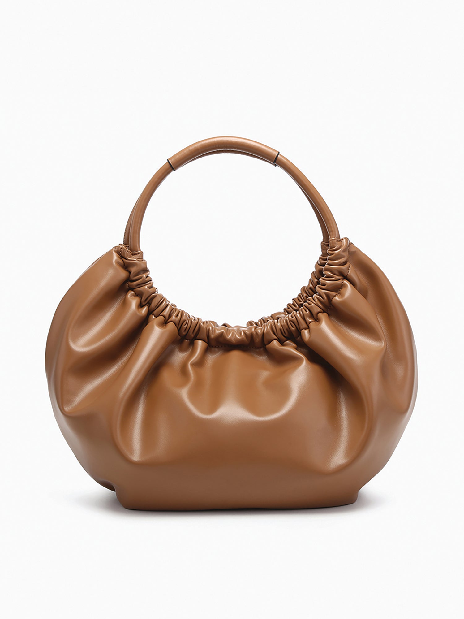 Lena Ruched Shoulder Bag w/ Round Handle in Taupe