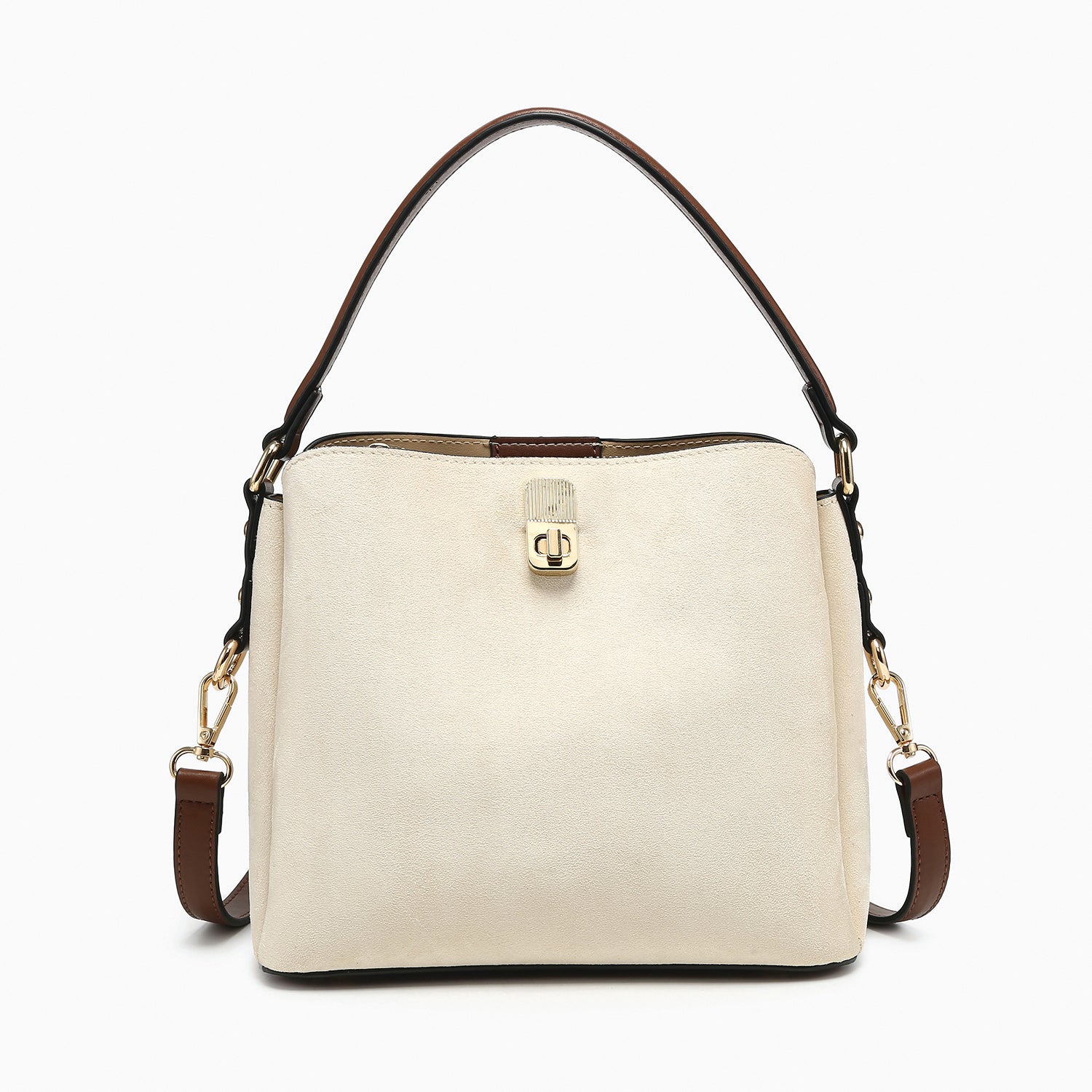 Allison Faux Suede Multi-Compartment Satchel in Off White/Brown
