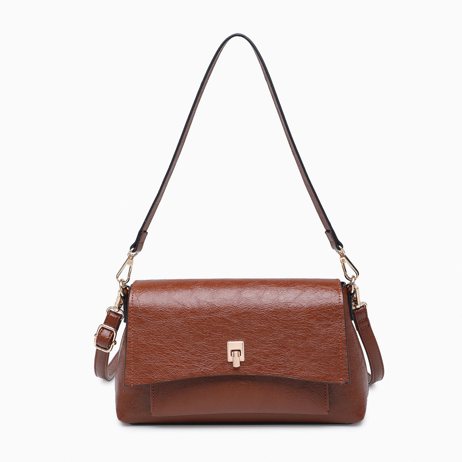 Bella Glossy Shoulder Bag w/ Push Lock in Brown
