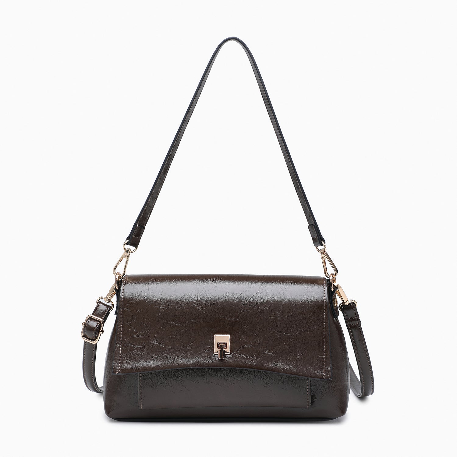 Bella Glossy Shoulder Bag w/ Push Lock in Chocolate