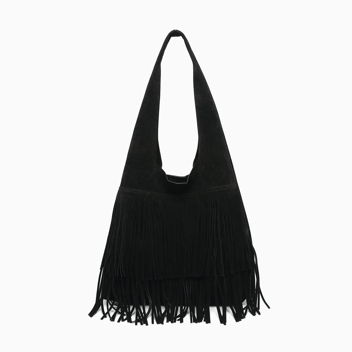 Samara Faux Suede Fringe Hobo w/ Inner Bag in Black
