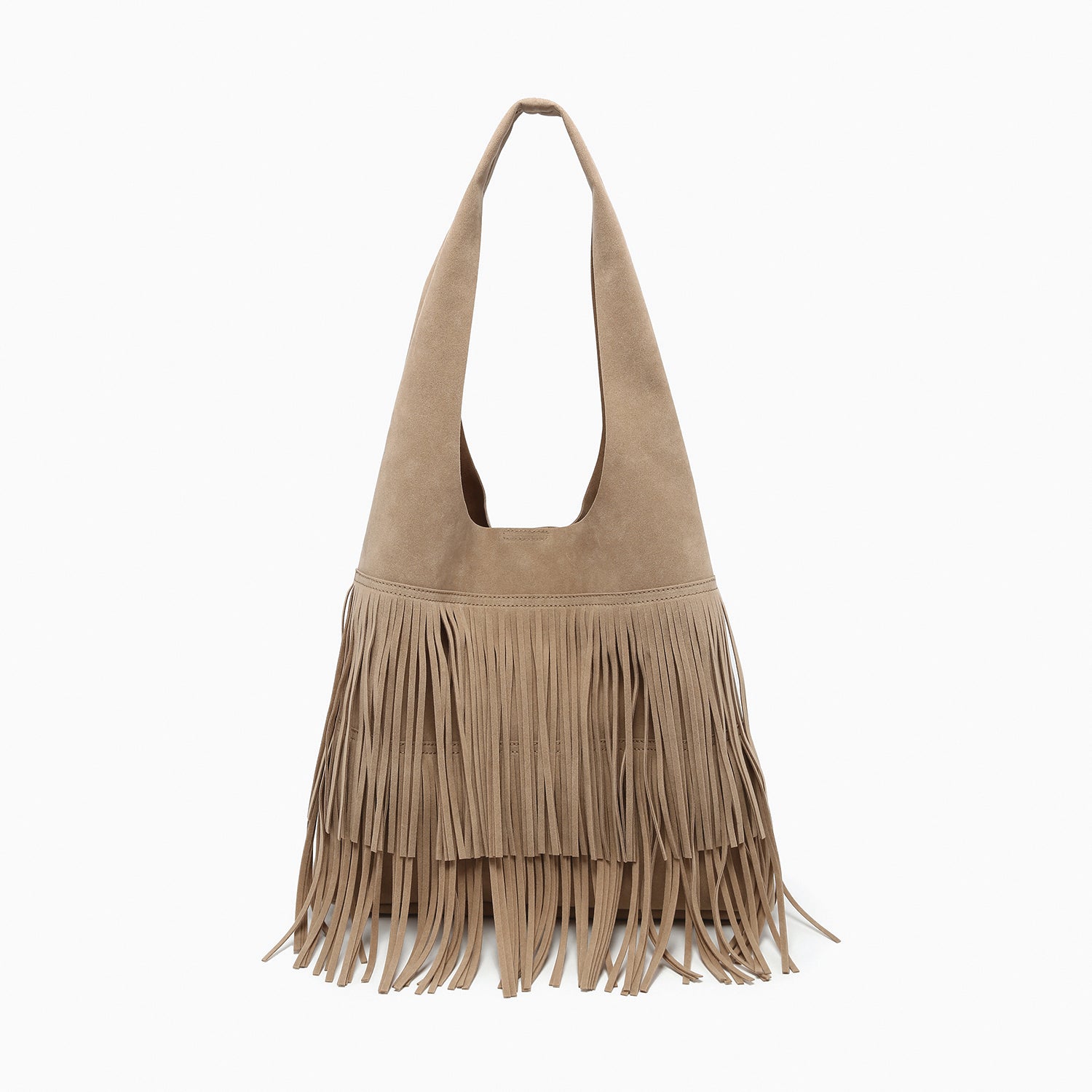 Samara Faux Suede Fringe Hobo w/ Inner Bag in Khaki