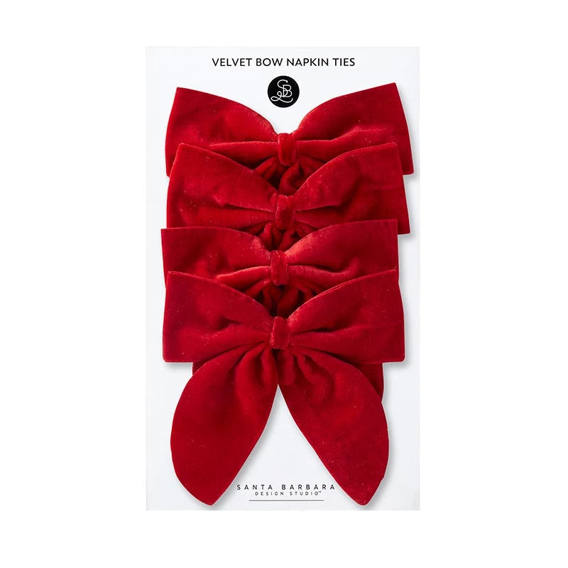 Velvet Bow Napkin Ties - Red - Set of 4