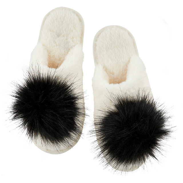 Plush Slippers - Ivory + Black Pom Pom