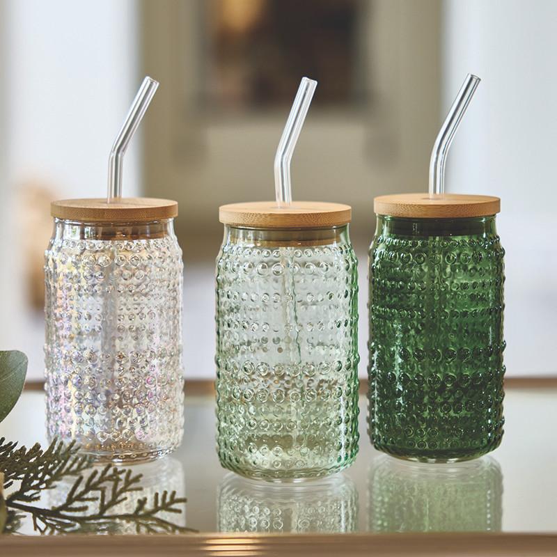 Glass Hobnail Tumbler with Straw- Clear Lustre
