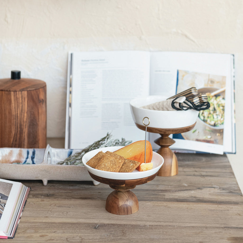 Stoneware Serving Plate w/ Acacia Wood 4"H