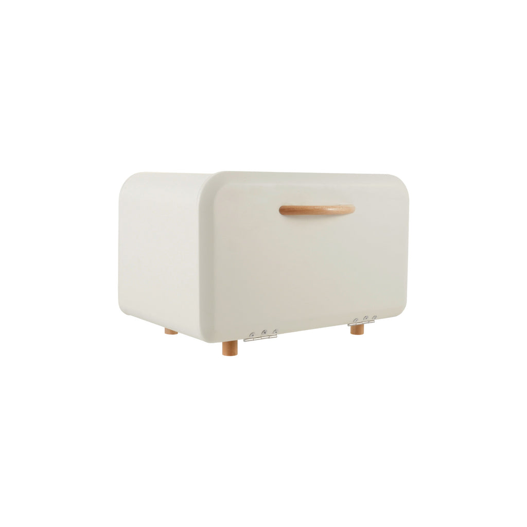 Metal Bread Box with Wood Handle & Feet, Matte Cream Color & Natural